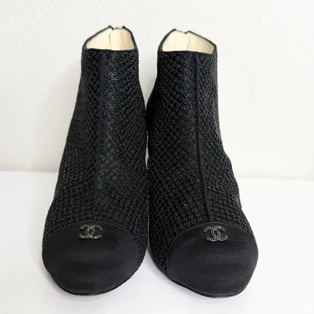 Chanel Beaded Ankle Booties Black Cap Toe Heels 38.5 CC Logo
